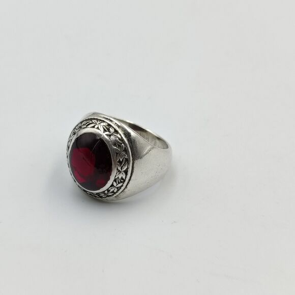 Vintage 1940s Sterling Silver 925 Lab Ruby Cabochon Signed Ring Sz 7 Unisex - Picture 2 of 16